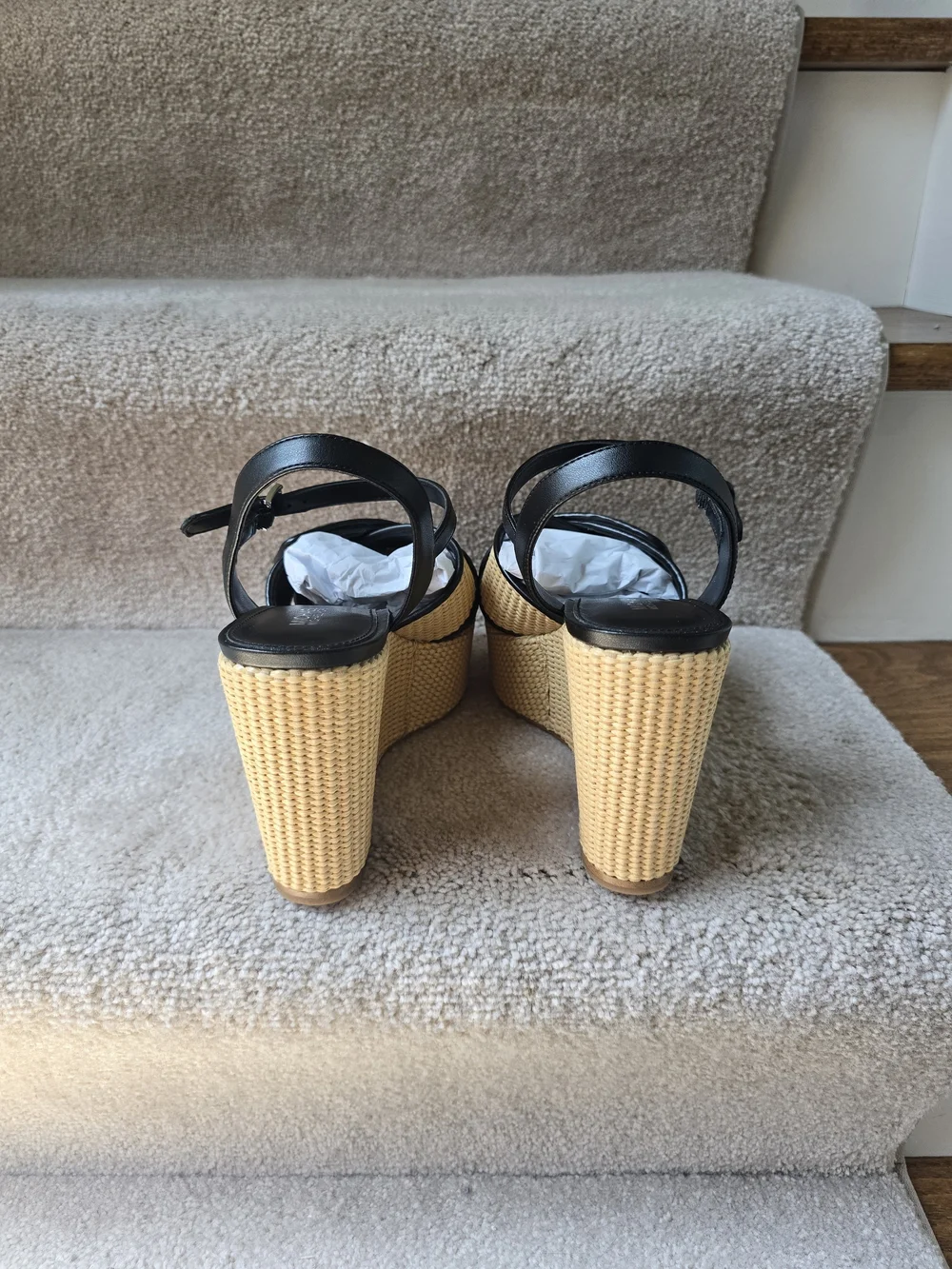 Michael Kors Black & Natural Woven Platform Wedge Sandals with MK Medallion